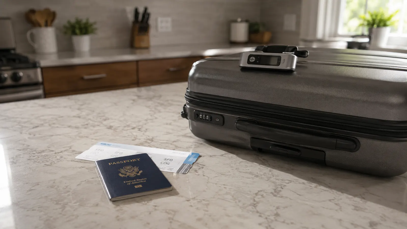A passport and boarding pass on a kitchen counter beside a shut suitcase and a small digital luggage scale