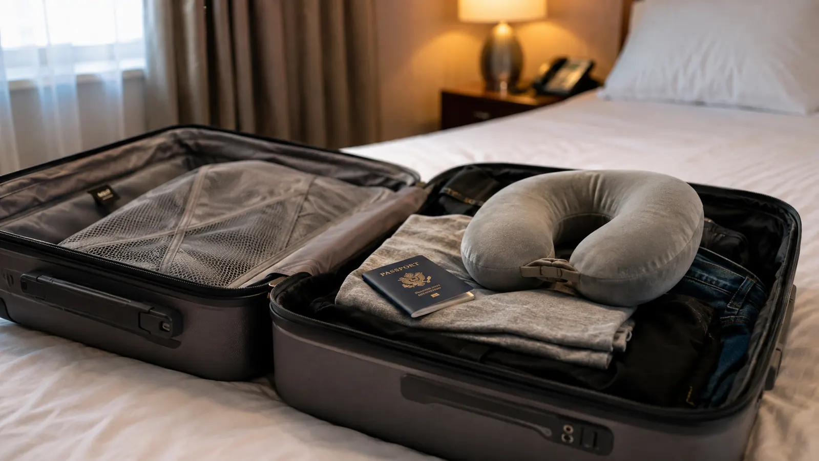 A carry-on bag open on a hotel bed with the memory foam travel pillow folded on top beside a passport