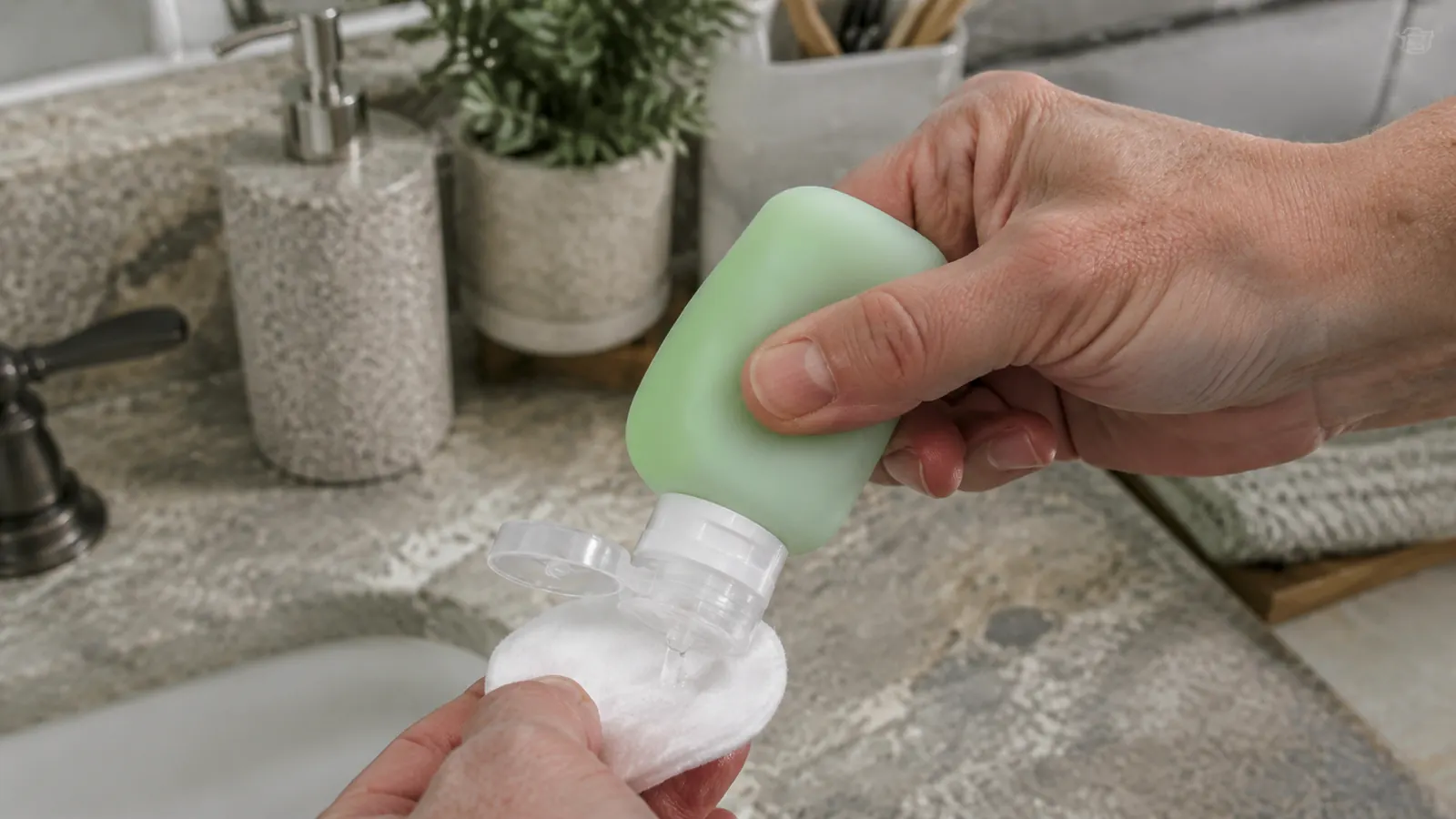 A hand squeezing a few drops from a small refillable travel bottle onto a cotton pad over a clean bathroom counter