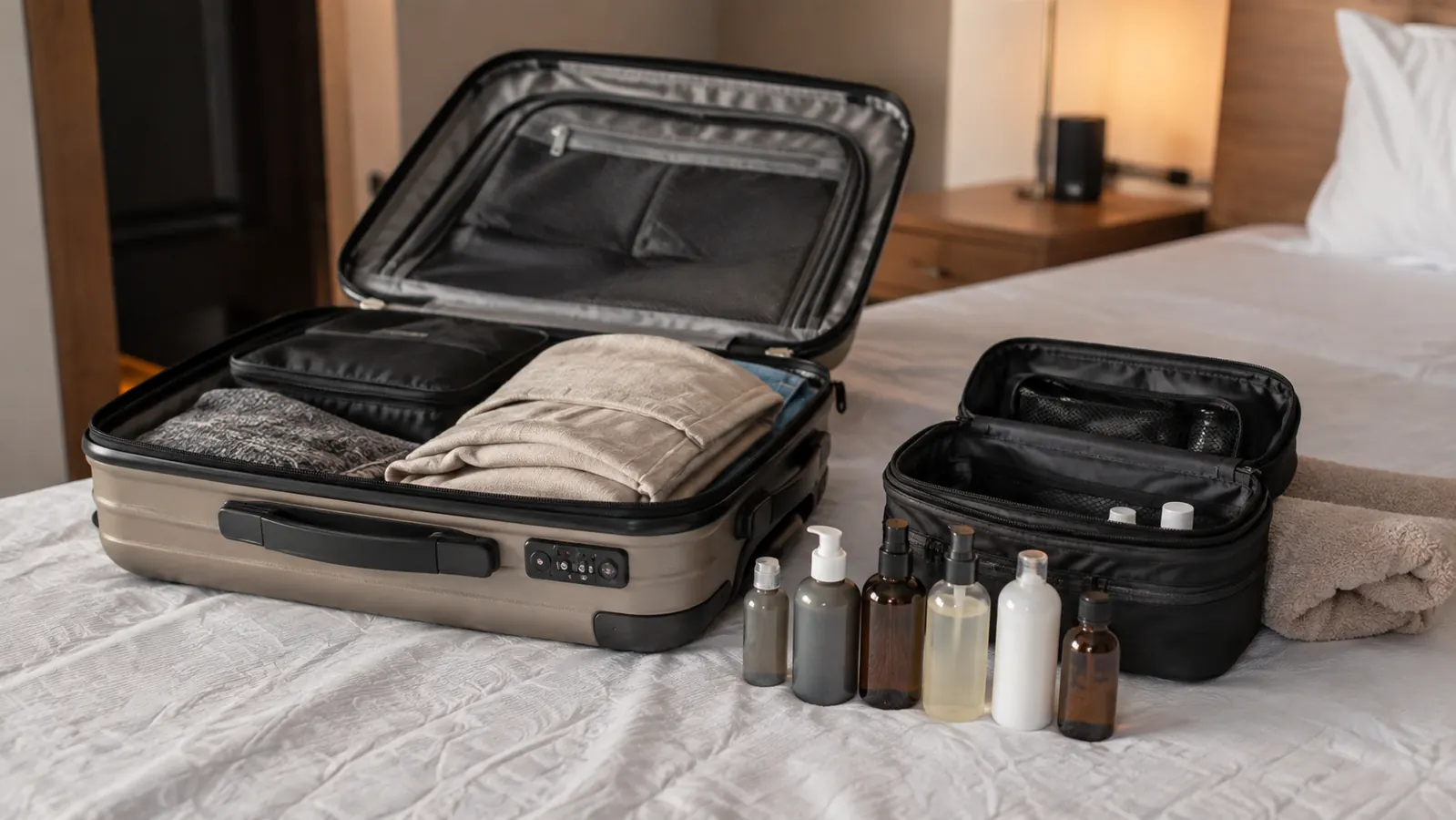 An open carry-on on a hotel bed with a neat row of small refillable bottles set out beside a toiletry kit, evening light