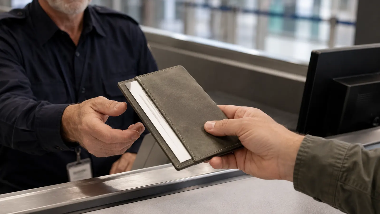 Close on a traveler's hands holding a slim passport holder with a boarding pass tucked in a side slot at passport control