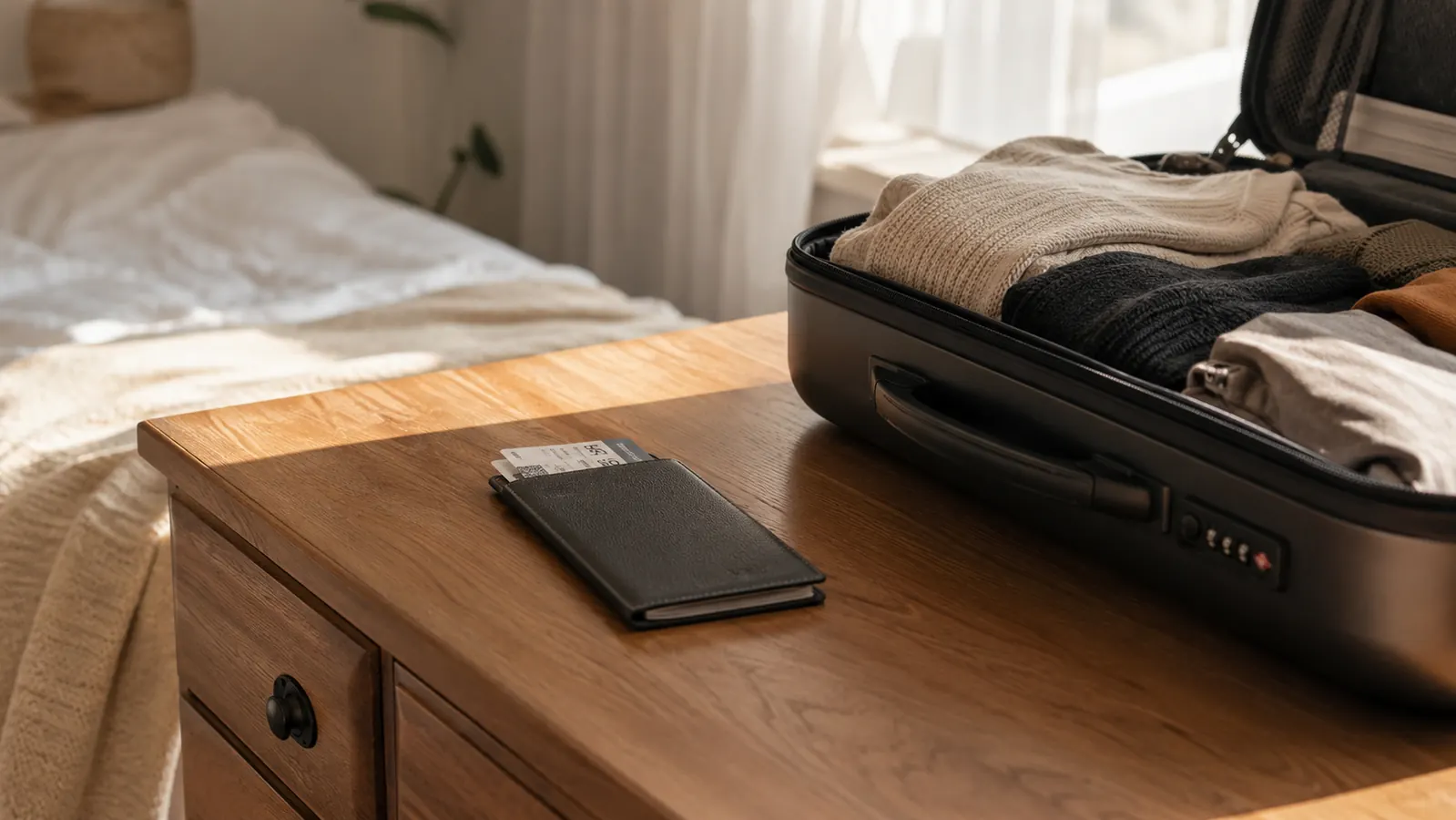 A tidy bedroom dresser in warm morning light with a passport holder laid flat beside a slim carry-on bag