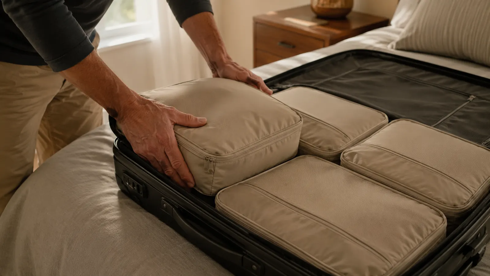 A hand tucking a zipped packing cube into the open interior of a suitcase on a bed