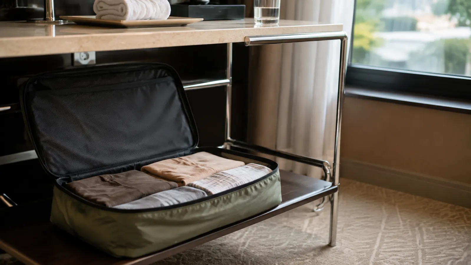 A packing cube slid into the open shelf of a suitcase rack in a hotel room beside a folded towel
