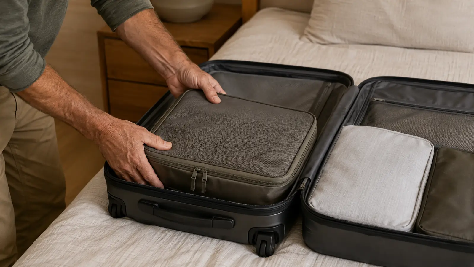 a traveler's hands sliding a fully packed rectangular packing cube into an open carry-on suitcase