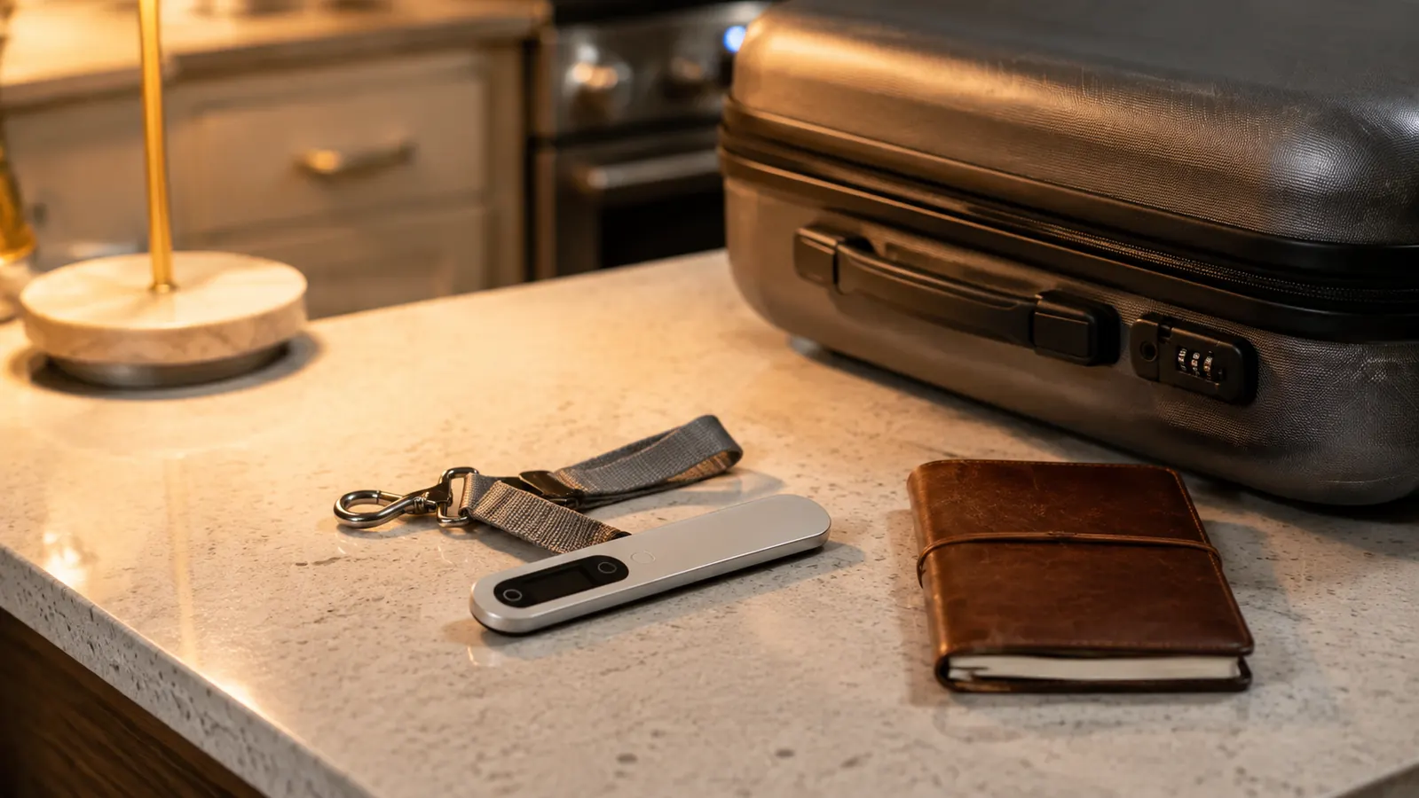 A small digital scale resting on a kitchen counter beside a packed suitcase and a travel notebook, evening lamplight