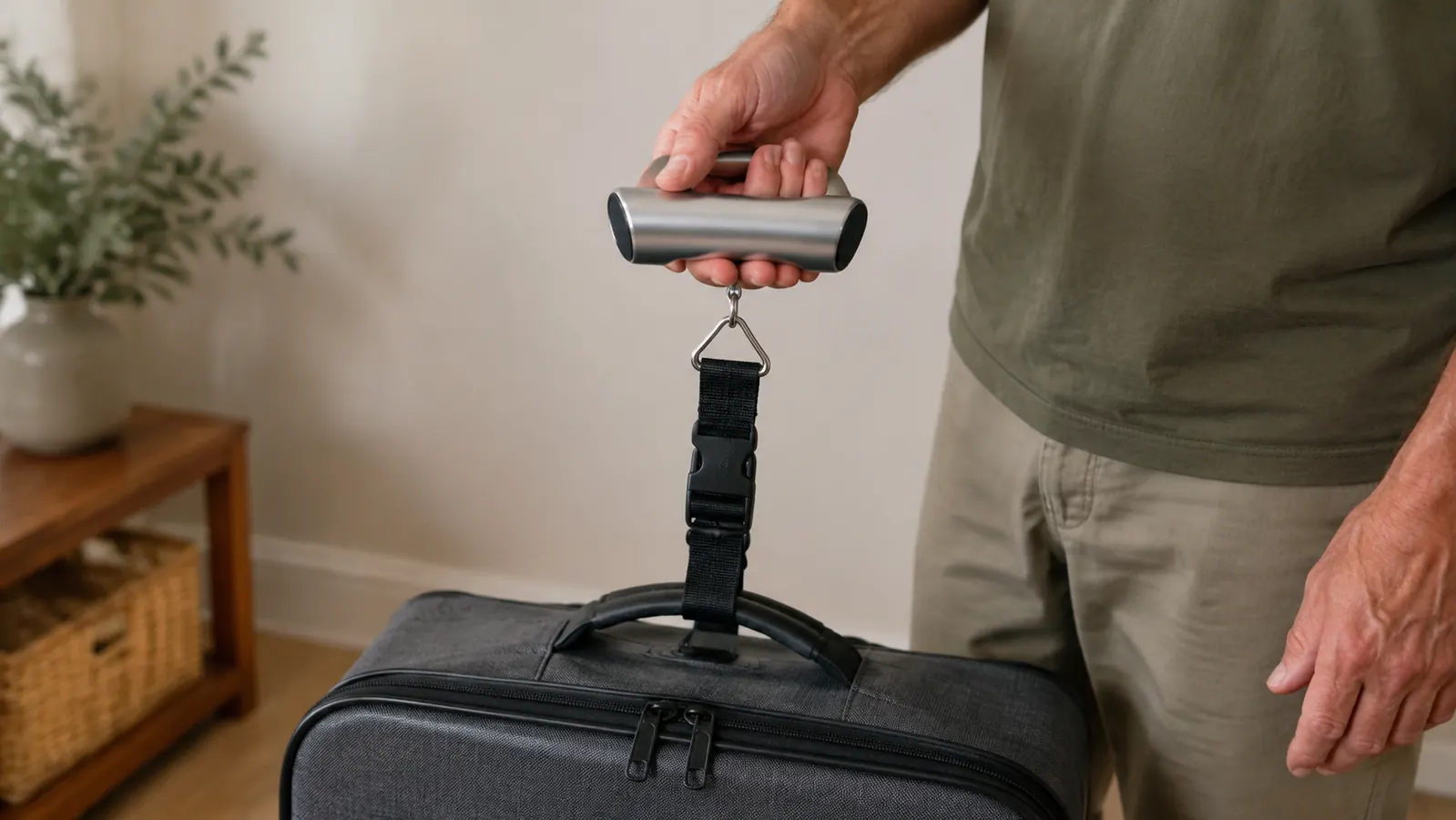 A close view of a traveler's hand holding a small handheld digital luggage scale by its strap, with a packed and zipped suitcase hanging freely below it to take a weight reading.