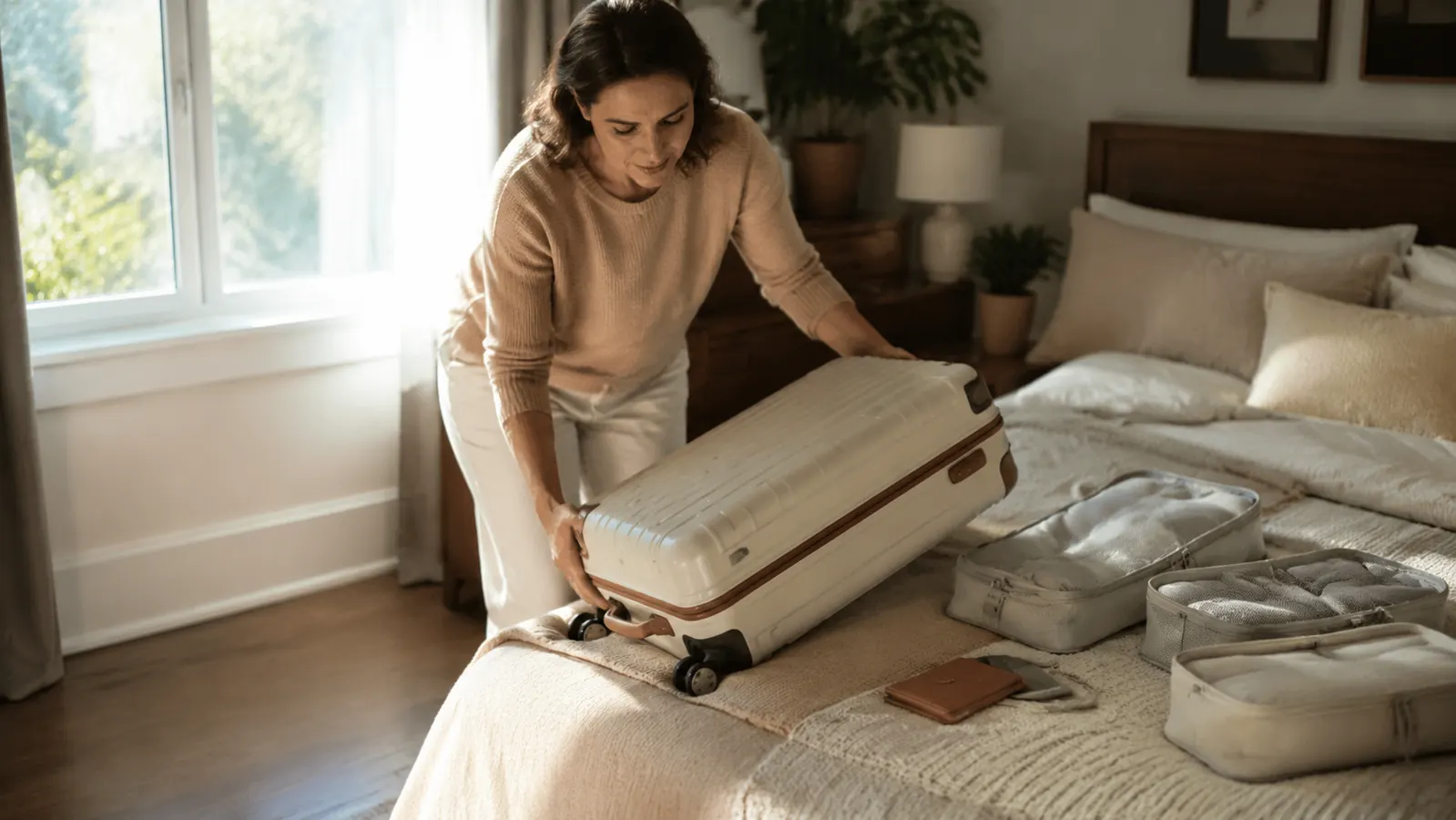 A woman in her fifties lifting a light carry-on suitcase packed with packing cubes in bright morning light