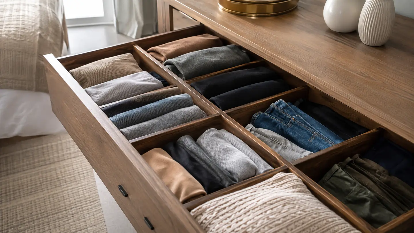 A tidy hotel room drawer with folded clothes set out in separate organized sections