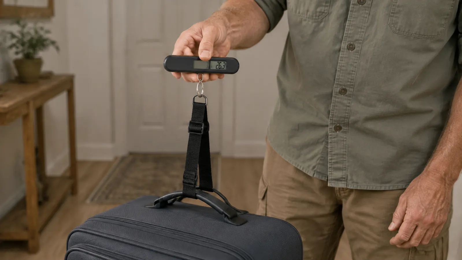 a traveler's hands lifting a suitcase by the strap of a small digital luggage scale, the scale's display showing a number