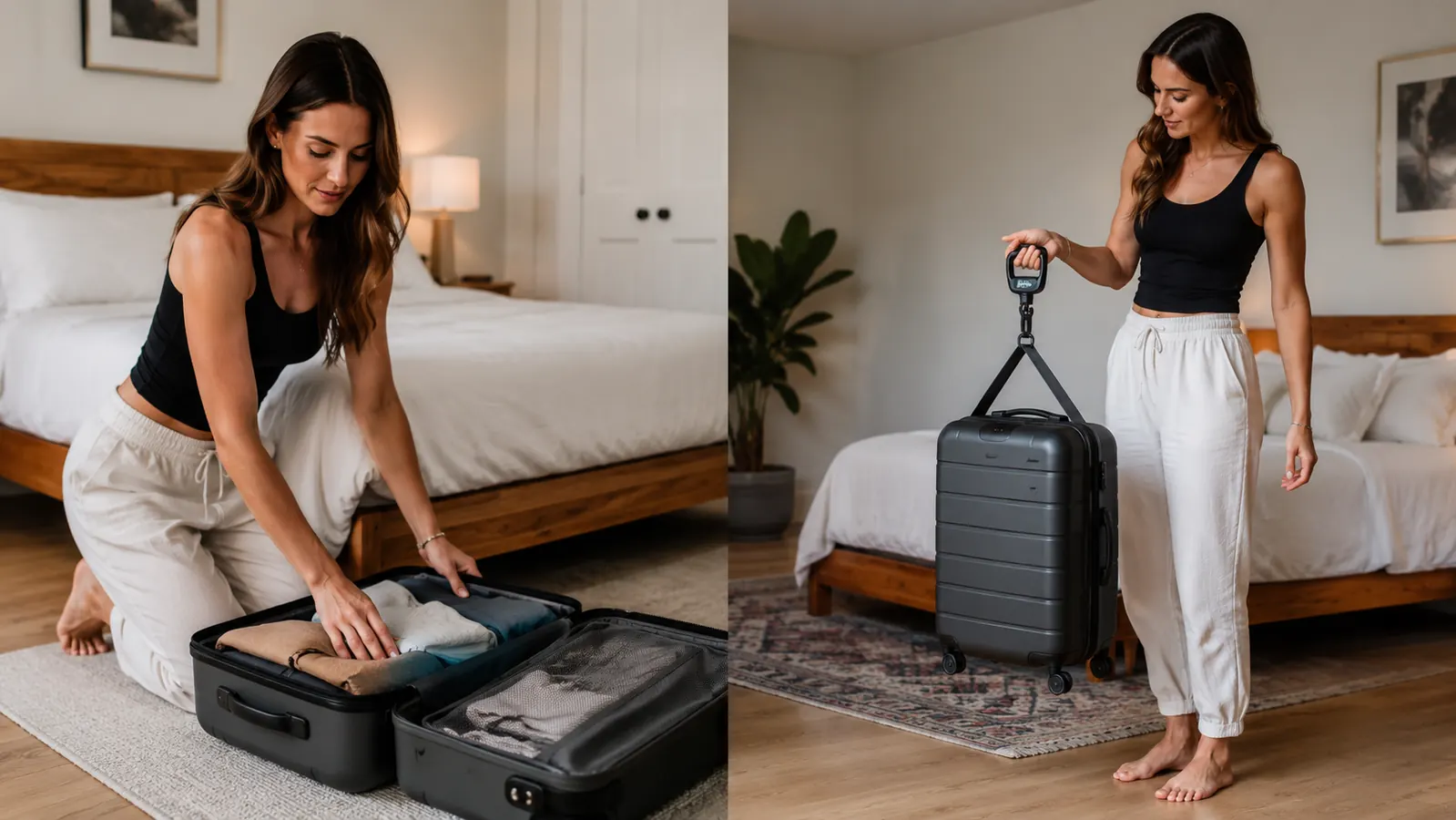 a traveler in a tidy bedroom kneeling beside an open suitcase and placing folded items in before lifting it by a luggage scale strap