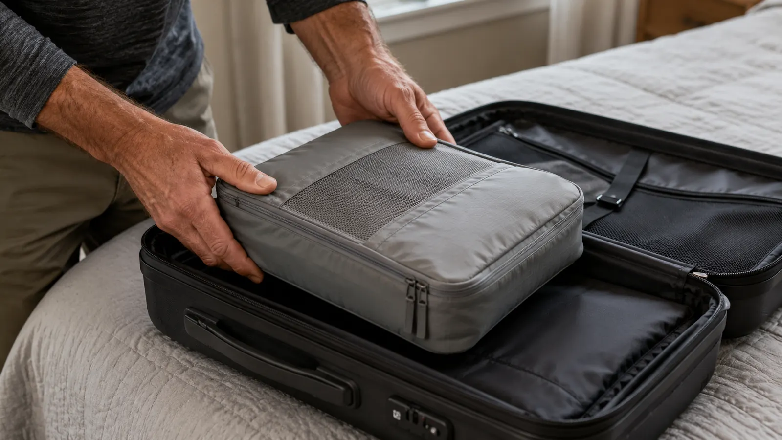 a person's hands tucking a fully packed rectangular packing cube into an open carry-on suitcase on a bed