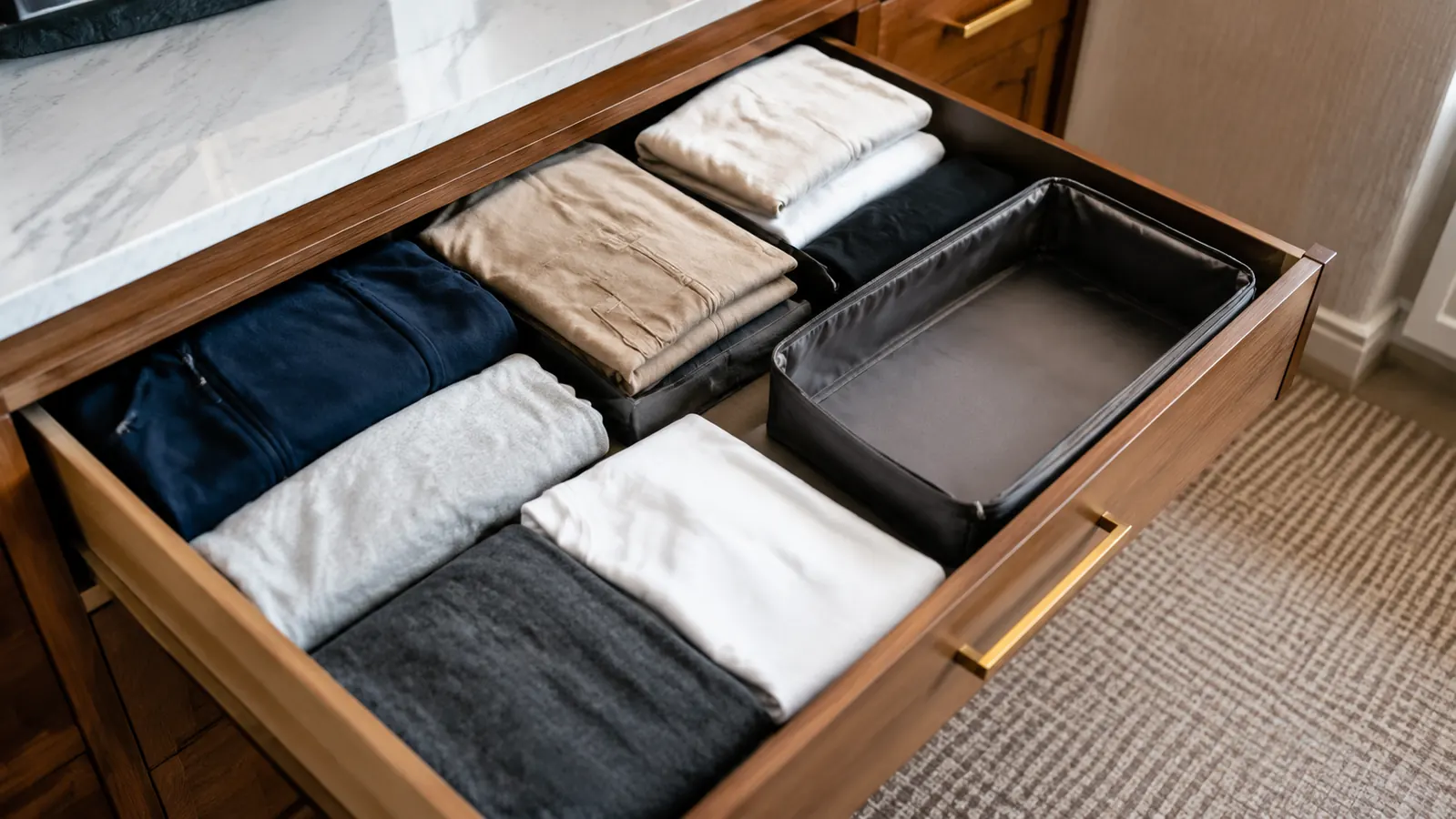 a tidy hotel dresser drawer with folded clothes stacked in neat sections and an empty packing cube resting beside it