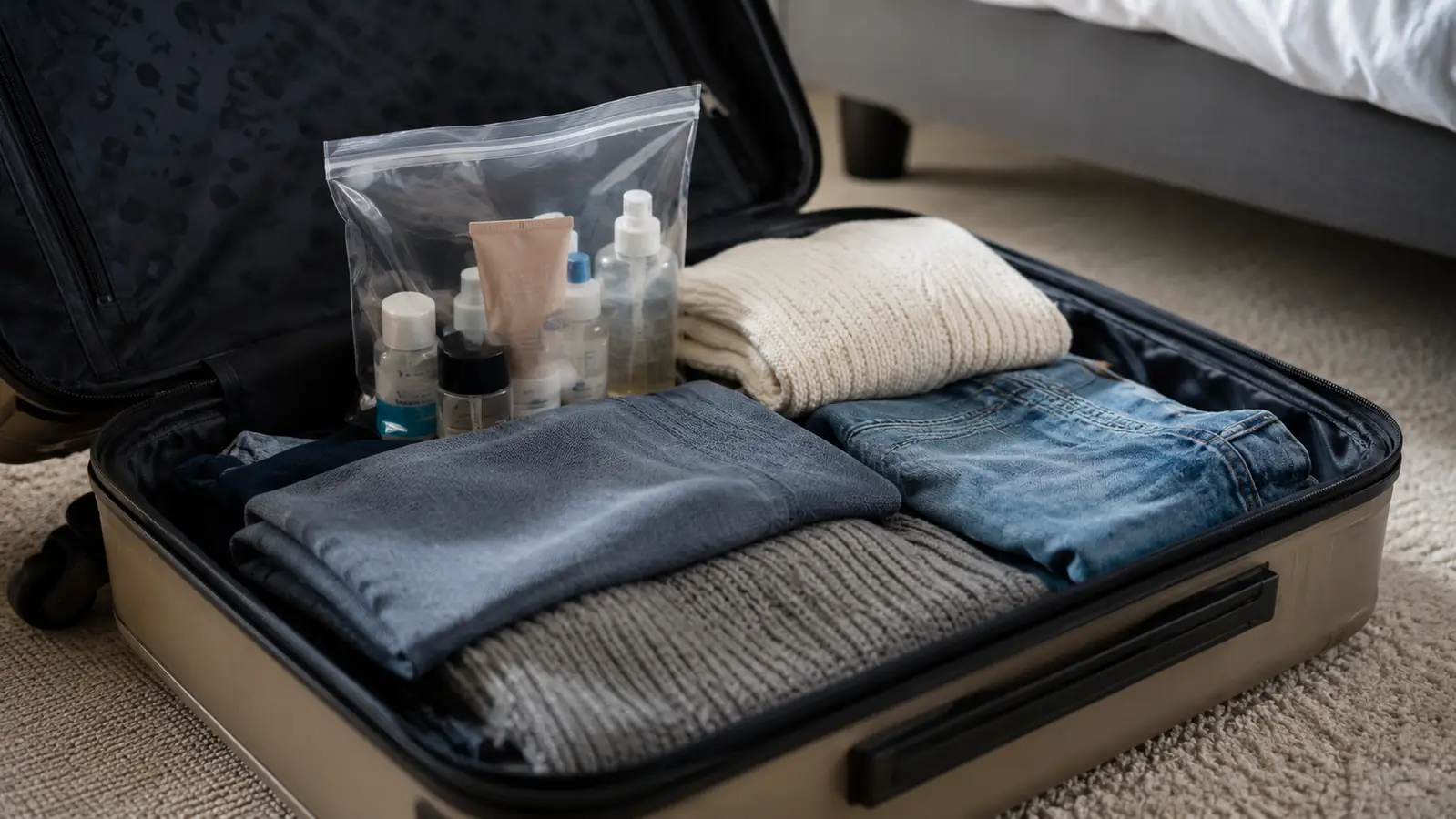 A clear quart plastic pouch standing upright at the top of an open carry-on suitcase with folded clothes visible below