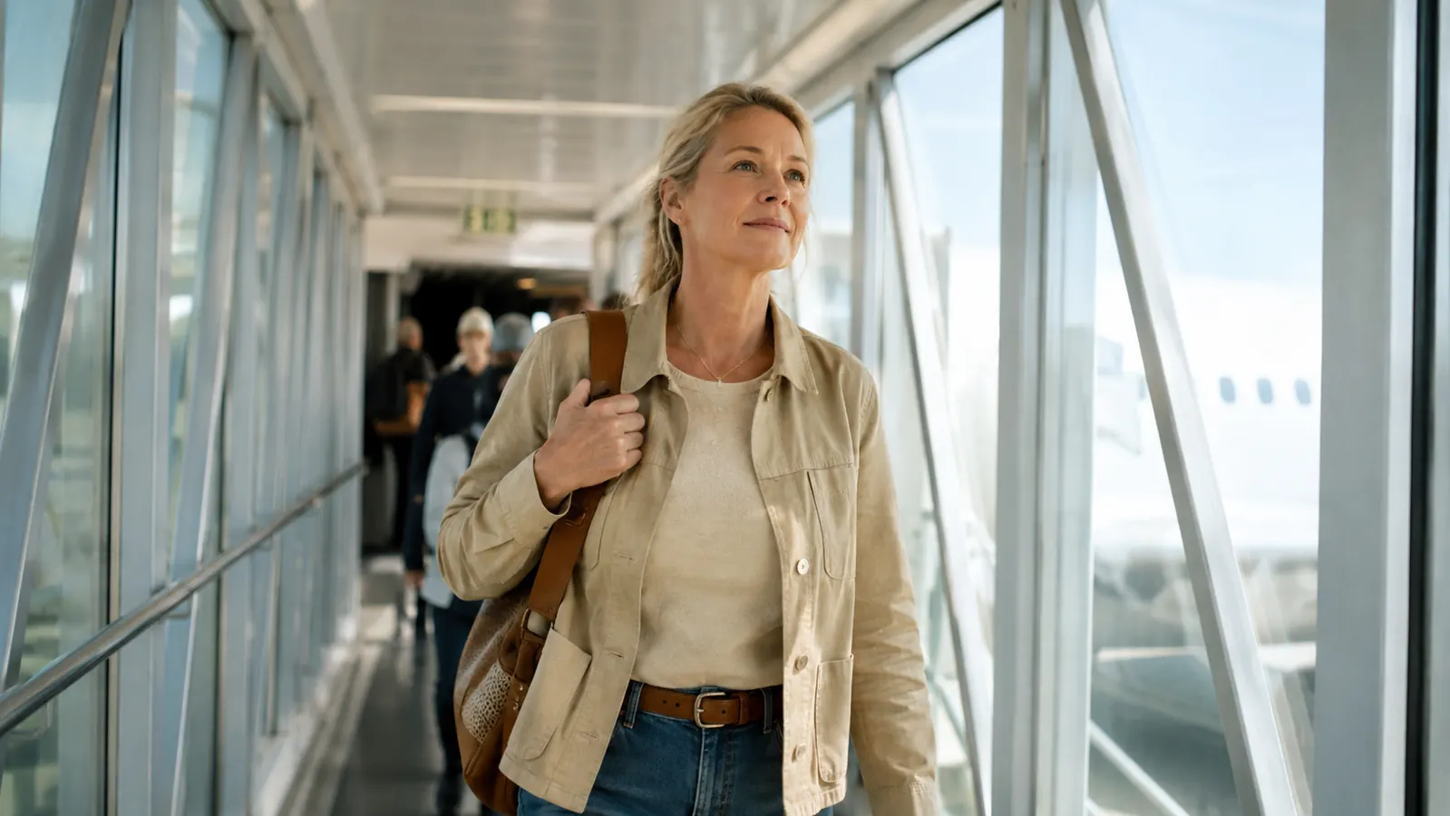 The same traveler stepping off the plane at the gate in the morning, stretching her neck easily, bright daylight through the terminal windows