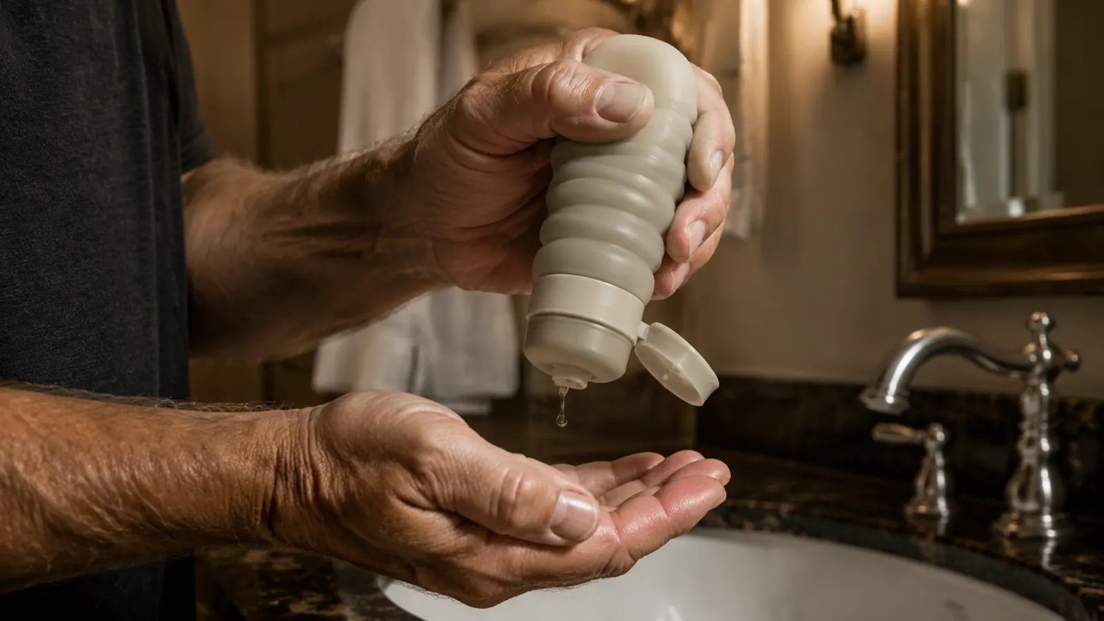 A hand squeezing shampoo from a small silicone travel bottle into an open hand at a hotel bathroom sink