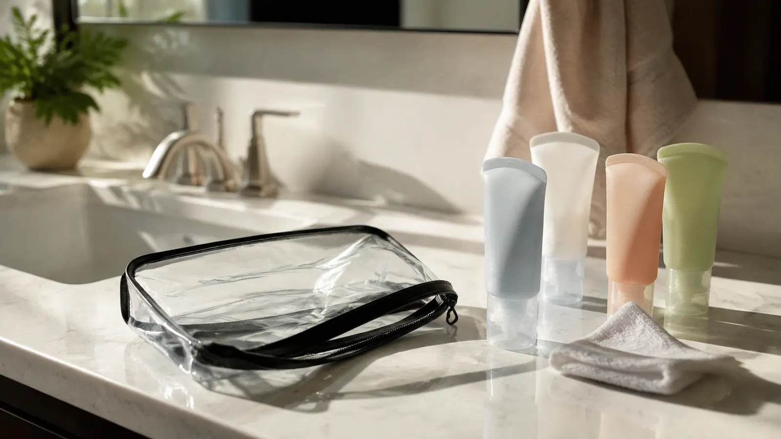 A bathroom counter in daylight with a clear toiletry bag unzipped, a few small silicone squeeze bottles standing upright beside a folded white washcloth