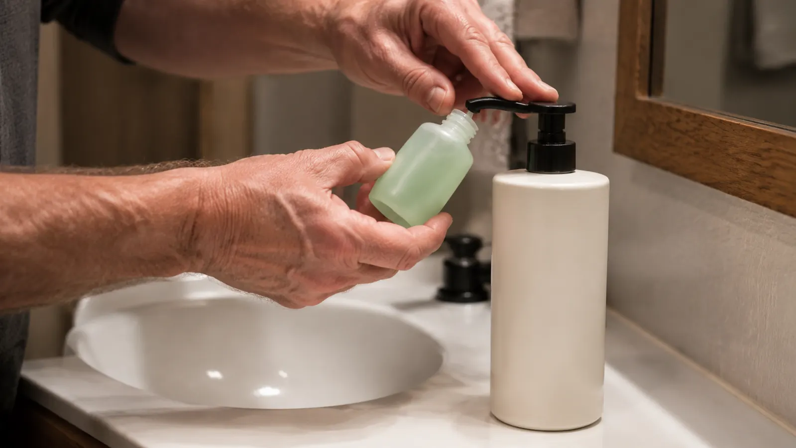 A hand squeezing a small travel bottle to fill it from a larger shampoo bottle over a compact bathroom sink