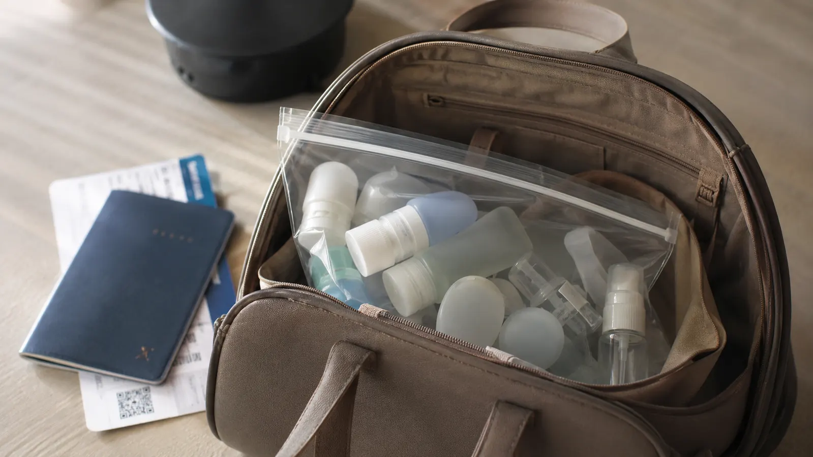 A clear quart-size zip bag holding small squeeze bottles tucked inside a carry-on next to a boarding pass