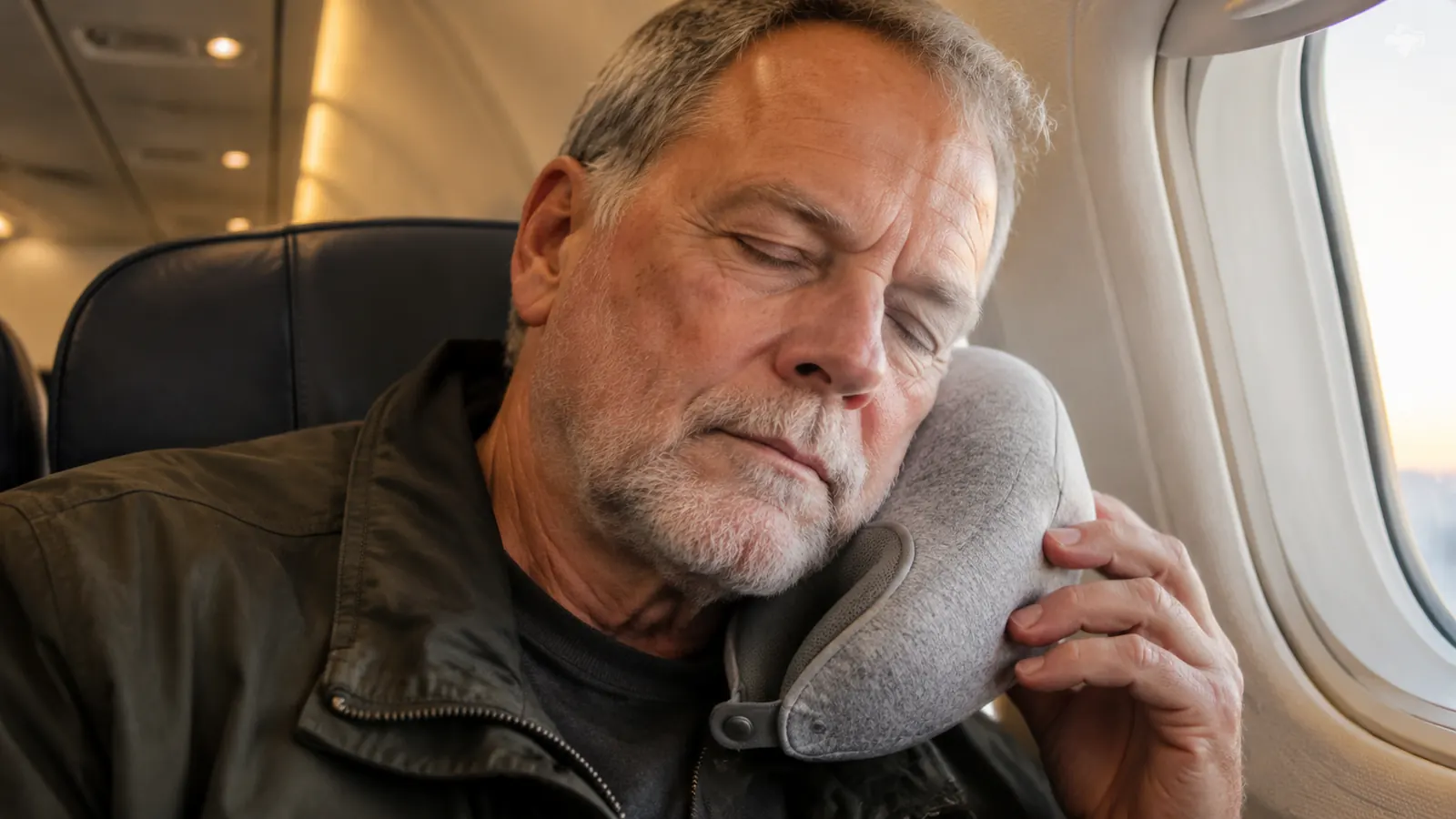 A traveler resting her head against a memory foam travel pillow in a plane seat