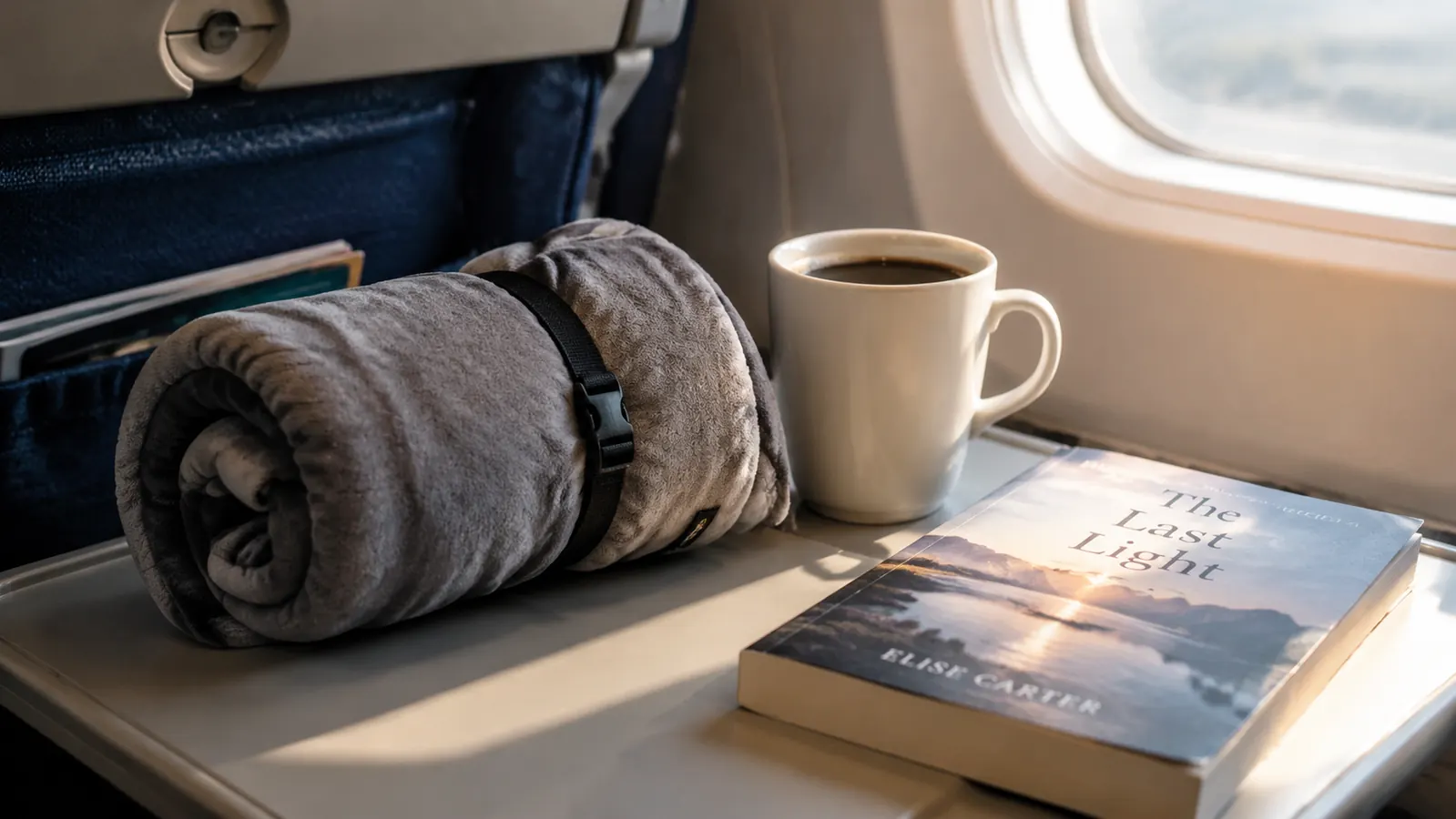 A rolled memory foam travel pillow resting on a tray table beside a mug and a book in morning light