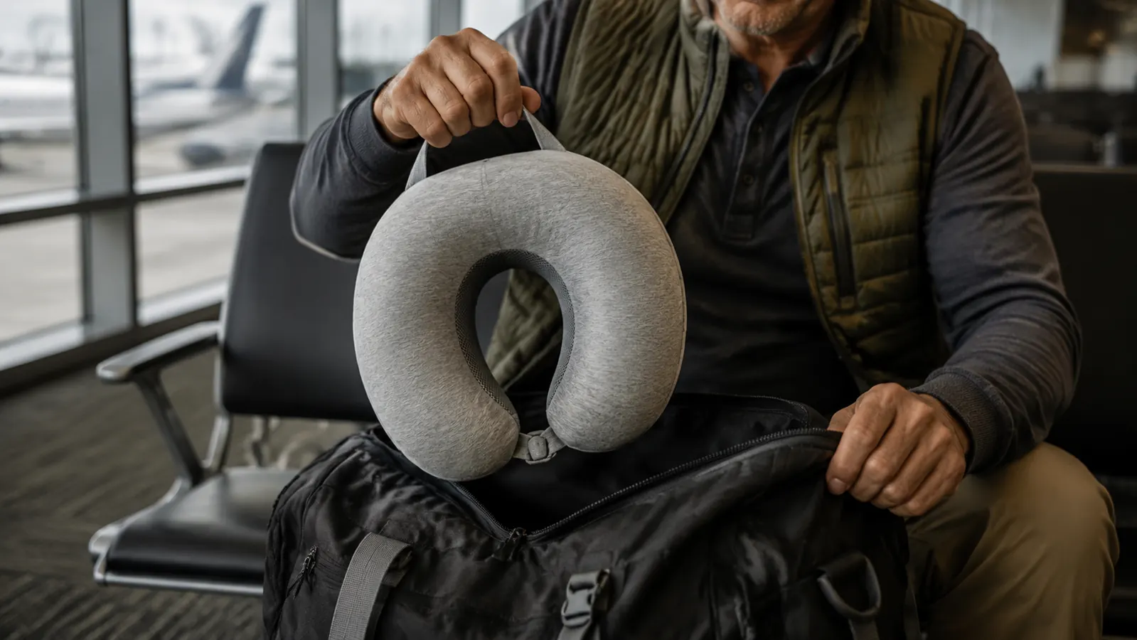 A hand holding the napfun memory foam travel pillow up against a carry-on bag in an airport seating area