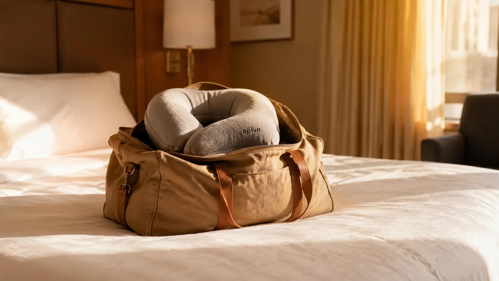A packed carry-on duffel on a hotel bed with the napfun travel neck pillow tucked on top beside a bright window