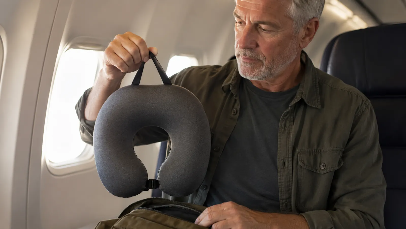 A hand holding a memory foam travel neck pillow by its carry strap inside an airline cabin