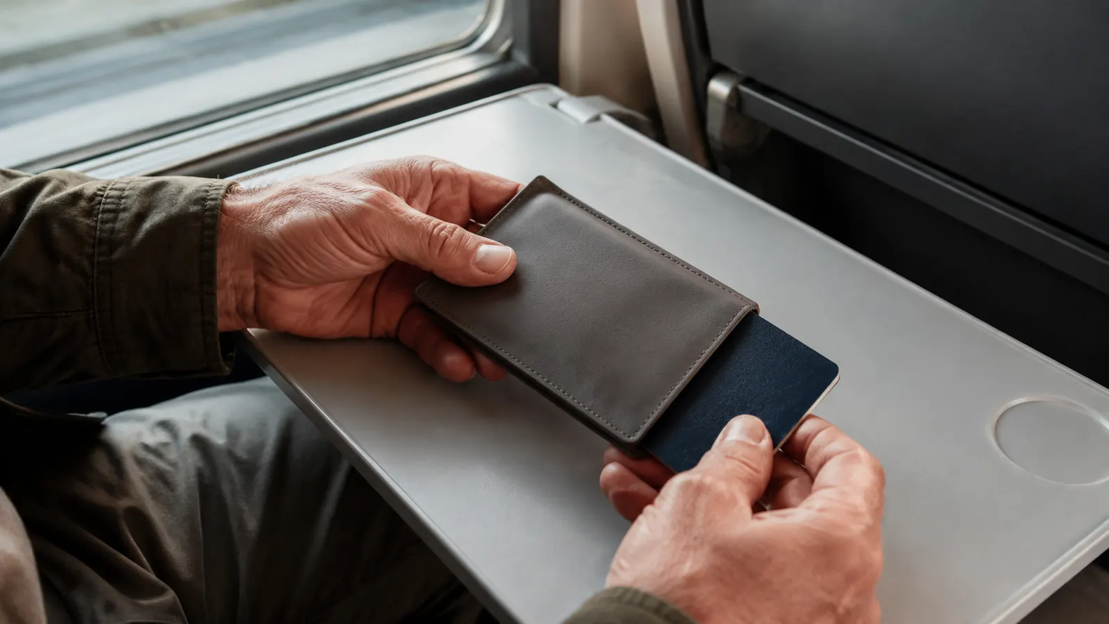 A hand easing a passport half out of a slim flat wallet holder on a crowded airport shuttle tray table