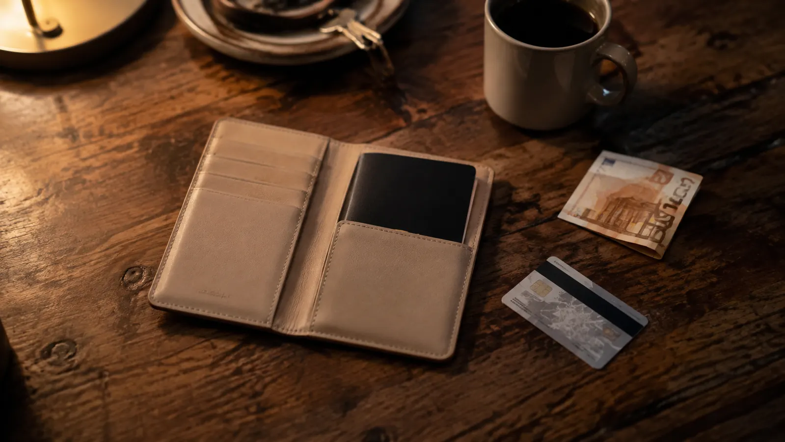 A slim open passport wallet lying on a worn wooden kitchen table at night with one credit card and a folded note tucked beside it, low warm lamp light