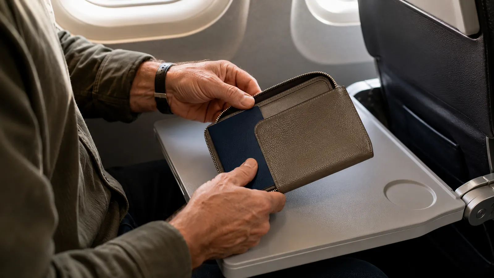 A hand sliding a passport out of a slim wallet holder on an airplane tray table