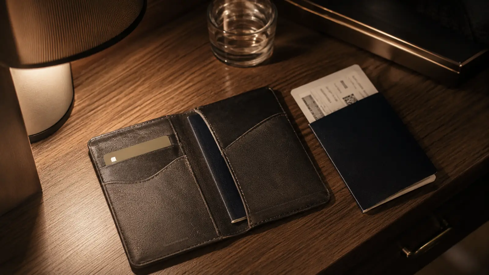 The wallet holder lying open on a warm desk with a passport, a folded boarding pass and a single travel card, soft lamplight