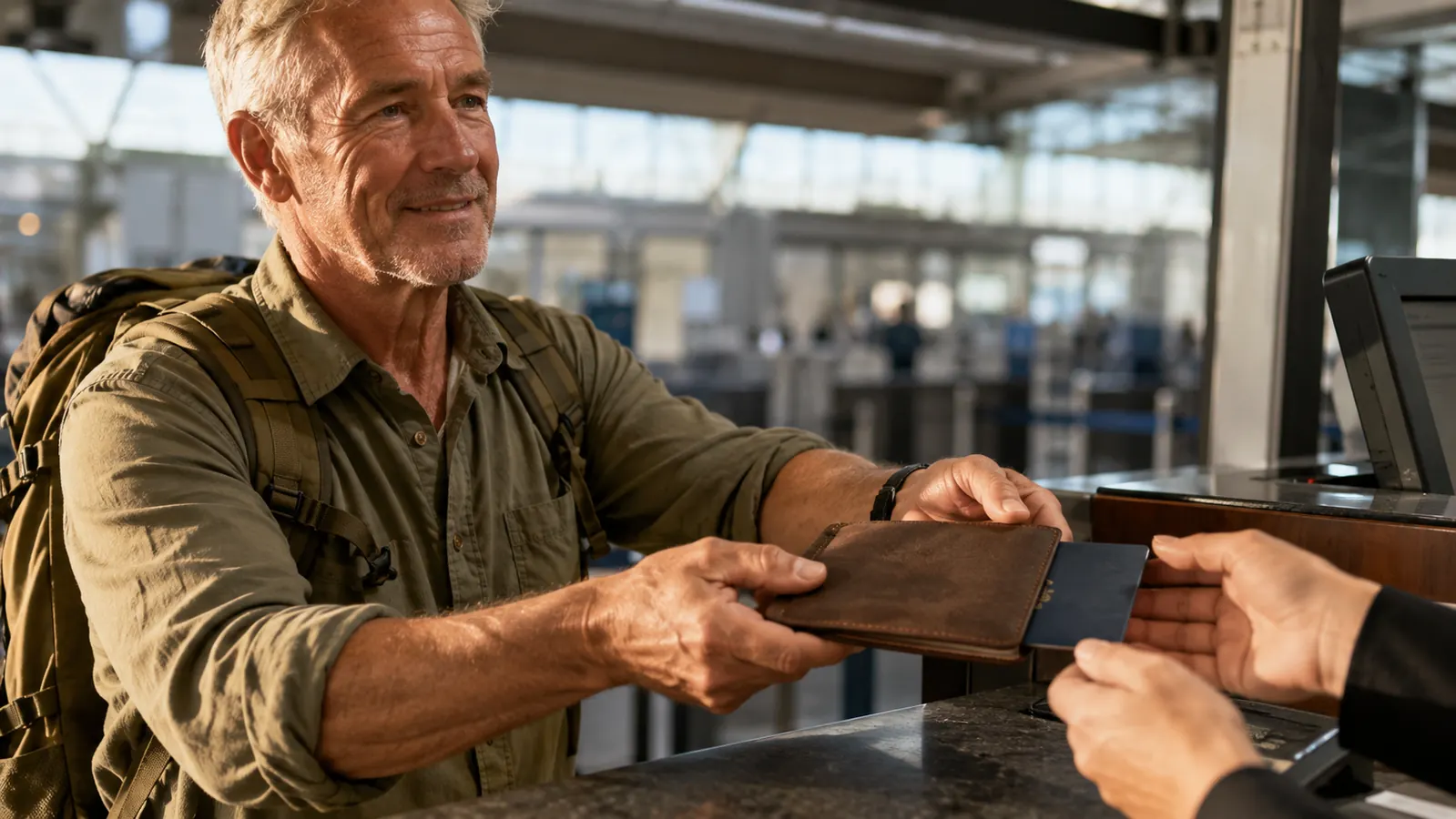 Open hands holding the WALNEW passport wallet with the passport sliding out, airport check-in counter in the background