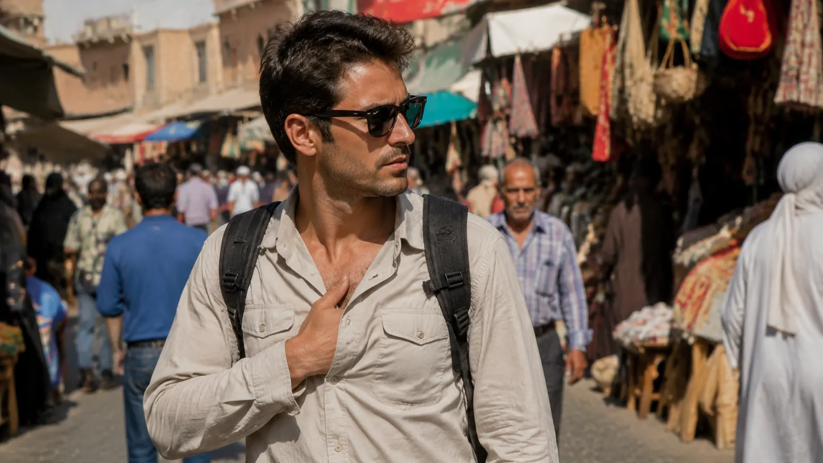 A traveler in a crowded outdoor market pressing a hand over their chest as if checking for something hidden under their shirt in bright daylight